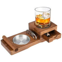 Ashtray Coaster Whiskey Glass Tray Wooden Ash Tray with Cigar Cutter,Drawer and Cigar Slot Home Office Outdoor