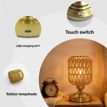 Lâmpadas de Mesa de Rattan Recarregáveis Sem Fio com Carregamento USB, Lâmpadas de Rattan com Atenuação para Pátio, Sala de Estar, Quarto