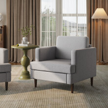 Mid-Century Light Gray Linen Upholstered Accent Armchair 76x80x80cm, Solid Wood Frame & Detachable Wooden Legs Single Sofa