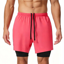 Herr 2-i-1 Löparshorts Snabbtorkande Gym- och Träningsshorts för Män med Telefonfickor Rosröd L
