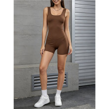 1 Piece Workout Jumpsuits for Women Backless Tummy Control Sleeveless Jumpsuits Brown M