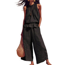 Damen Sommer 2-Teilige Outfits Ärmelloses Rüschenshirt Weite Hosen Set mit Taschen Schwarz M
