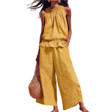 Damen Sommer 2-Teilige Outfits Ärmelloses Rüschenshirt Weite Hosen Set mit Taschen Gelb L