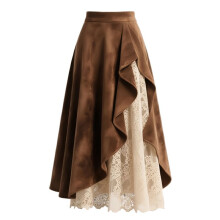 Women Vintage Western Suede Lace Patchwork High Waist A Maxi Skirt with Zipper Dark Brown XXL