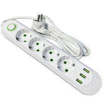 Adaptador de Tomada Elétrica Rápida de 2500 W com Plugue Europeu, Régua de Energia com 4 Pinos e Portas USB A