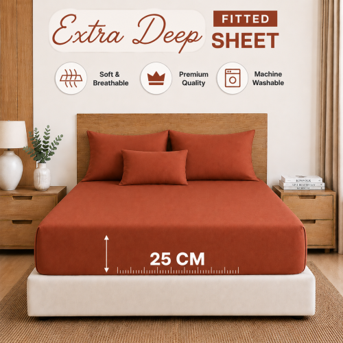 (Super King: (180 x 200)cm, Rust Orange) 25 CM Bed Sheet Extra Deep Fitted Sheet & Pillowcases Pair