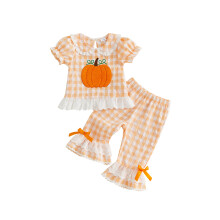 (12-18 Months, Orange) Toddler Girls Halloween Outfit Pumpkin Embroidery Short Sleeve Doll Collar Tops Elastic Waist Plaid Flare Pants 2 Pcs Set