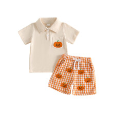 (4-5 Years, Orange) Toddler Baby Boys Halloween Outfits Adorable Pumpkin Embroidery Short Sleeve Turn Down Collar Tops and Plaid Shorts Set