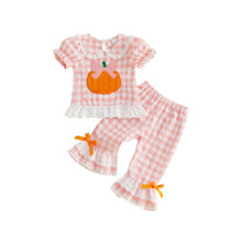 (18-24 Months, Pink) Toddler Girls Halloween Outfit Pumpkin Embroidery Short Sleeve Doll Collar Tops Elastic Waist Plaid Flare Pants 2 Pcs Set