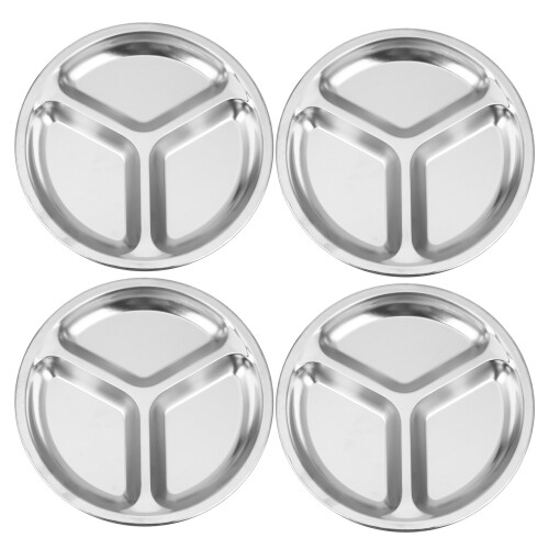 4X Stainless Steel 3 Sections Round Divided Dish Snack Dinner Plate Diameter 24cm