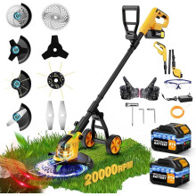 Cordless Trimmer with Wheels, 12" Electric Garden Strimmers with 2×3.0 Ah Batteries and Charger, Brushless Motor,4 in 1 Lightweight Lawn Strimmer