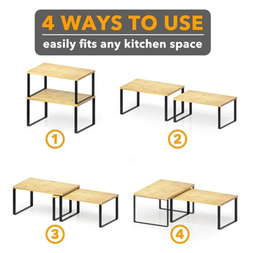 2 Pack Cabinet Shelf Organizers , Kitchen Counter Rack Shelves Riser, Stackable Expandable Spice Rack Wood 2