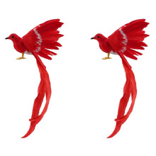 2X Artificial Bird Feathers Plastic Figurine Landscape Ornament Garden Decor Christmas DIY Halloween - 3(Red Tail)