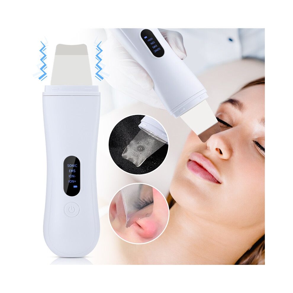 Stoyotu White (White) Ultrasonic Skin Scrubber Ems Microcurrent Face Spatula 4 Modes Peeling Shovel Blackhead Remover Acne Extractor Pore Cleaner