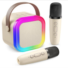 Maskine til, Mini Karaoke-maskine med 2 trådløse mikrofoner, Bærbar Bluetooth-højttaler med stemmeskiftende effekter og LED-lys_m