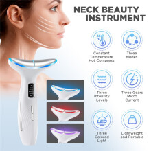 (WHITE) EMS Microcurrent Neck Face Beauty Device LED Photon Vibration Facial Massager Anti Aging Skin Tighten Face Lifting Machine