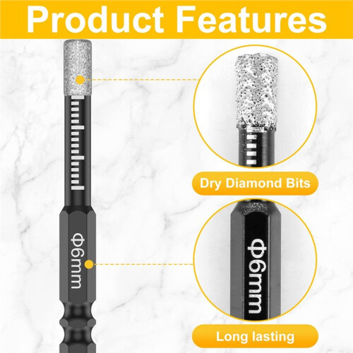 7 Pcs Dry Diamond Drill Bits Set 6mm Vacuum Brazed Core Drill Bit Quick Change Hex Shank for Porcelain Granite 1