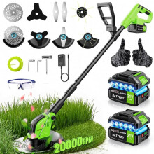 20,000RPM Cordless Strimmer, 800W Brushless Battery Strimmer, 12" 4-in-1 Grass Trimmer Lawn Edger Mini Lawn Mower Foldable, 21V, 2×3.0Ah Batteries