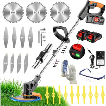 Cordless Strimmer 21V Electric Grass Trimmer with 2x2.0Ah Battery Fast Charger Garden Trimmer with Metal Blades