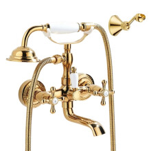 Robinet de Baignoire Chromé à Double Poignée avec Douchette et Bec Pivotant, Couleur Or