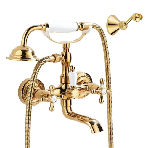 Robinet de Baignoire Chromé à Double Poignée avec Douchette et Bec Pivotant, Couleur Or
