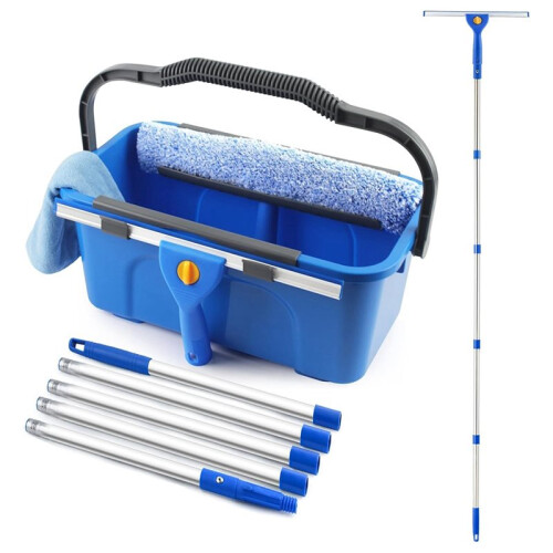 Window Cleaning Kit with Bucket Long Handle Window Squeegee and Microfiber Scrubber,High Window Washing Equipment
