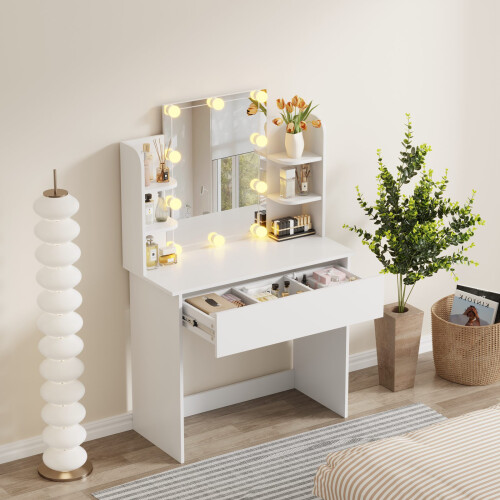 Westwood WestWood Dressing Table Vanity Desk LED Mirror Large Drawer Table Side Shelves 1