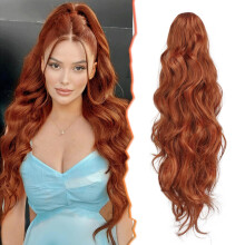 Extensie de coadă de cal cu onduleuri, roșu cupru, cu clips, pentru femei, aspect natural și ușor de aplicat