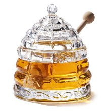 Beehive Crystal Honey Pot with Dipper Sticks - Elegant Glass Honey Jar with Lid, No Drip Honey Dispenser