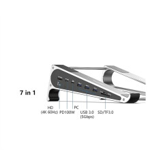Suporte para Laptop 7 em 1 em Alumínio com Tela 4K 60Hz HD, Leitor de Cartão /TF, USB 3.0 5Gbps, Carregador PD de 100W, Hub USB-C e Estação de