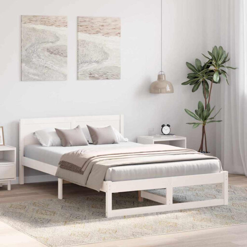VidaXL vidaXL Bed Frame with Headboard White 135 x 190 cm Solid Pine Wood 2