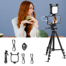 Kit trépied avec éclairage et microphone 15 lm, idéal pour le streaming en direct et les vlogs (noir) : Kit trépied V13 - Cadeau surprise