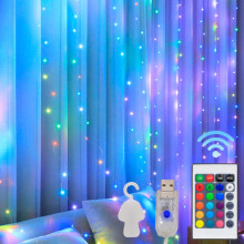 Cortina de luces LED RGB de 3 m x 3 m con 300 LED, 7 colores y 16 colores cambiantes, cable de cobre: regalo sorpresa de 3 m x 3 m