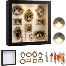 (Black, -) Mini Museum Shadow Box Frame, DIY Display Case with Mini Frames & Figurines, LED String Lights