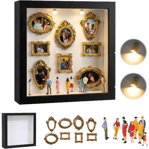 (Black, -) Mini Museum Shadow Box Frame, DIY Display Case with Mini Frames & Figurines, LED String Lights