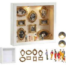 (White, -) Mini Museum Shadow Box Frame, DIY Display Case with Mini Frames & Figurines, LED String Lights