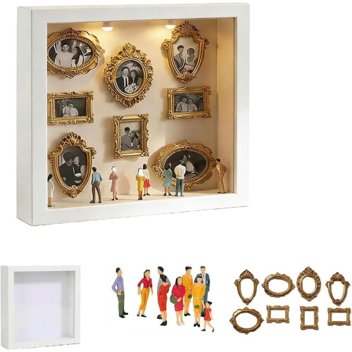 (White, -) DIY Mini Museum Shadow Box Frame Kit, Memory Display with LED Lights, Wedding Anniversary Keepsake