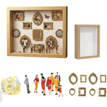 (Wood Color, -) DIY Mini Museum Silhouette Box, Gold Frame Kit with Figurines, Custom Photo Shadow Box Display