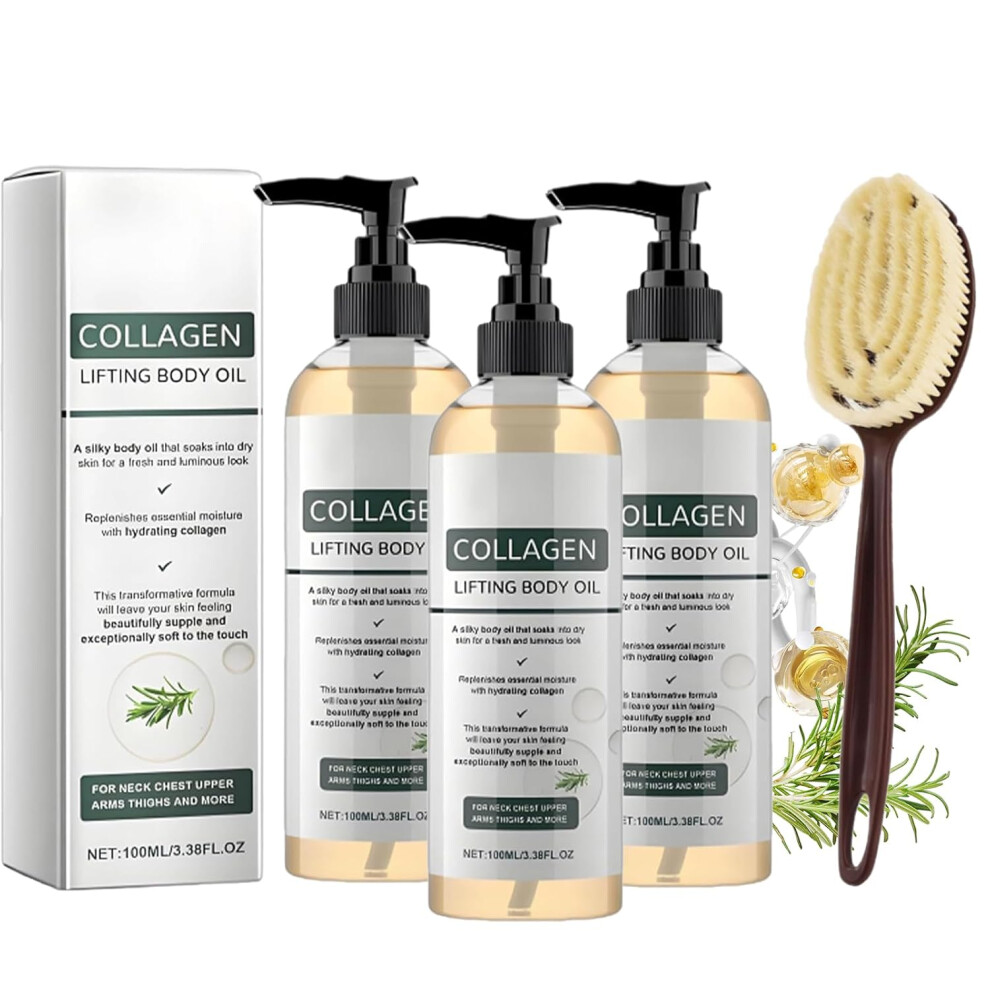 Oimg (3Set, -) Collagen Oil For Skin Tightening, After Shower Moisturising Oil With Brush, Non-Greasy 3.8 Fl Oz