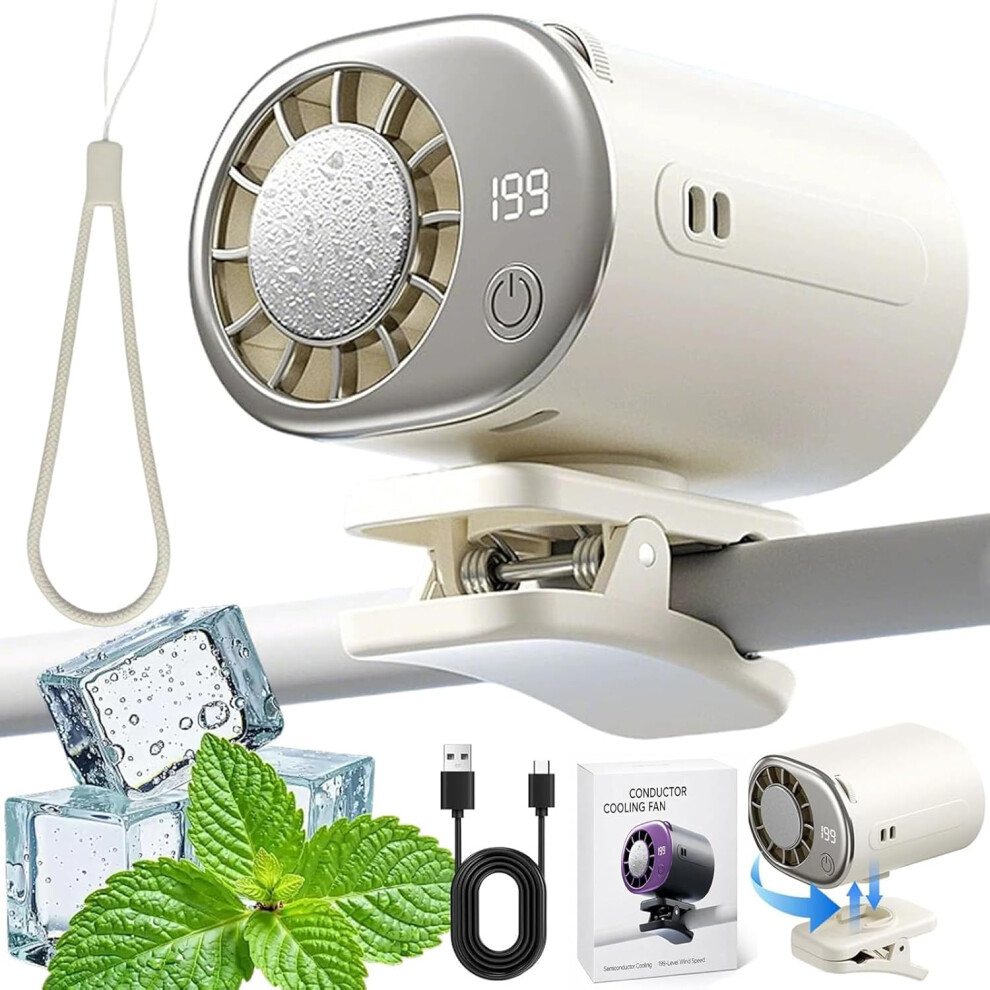(, -) Car Clip On Fan With Led Display, 199 Speeds, 16 Semi-Cooling, Usb Rechargeable, 360 Rotation White 5437707001712