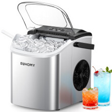 (Silver) EUHOMY Countertop Ice Maker, Ice Machine with One-Touch Control and Automatic Cleaning, Produces 9 Cubes 2 Sizes,12kg/24h, Smart