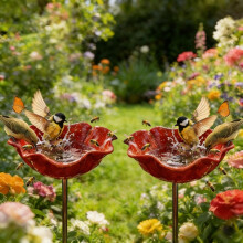 (Red 2 PCS, -) Handgemachte Metall Blume Gartenstecker, Vogeltränke & Bestäuber Wasserstation Outdoor Hof