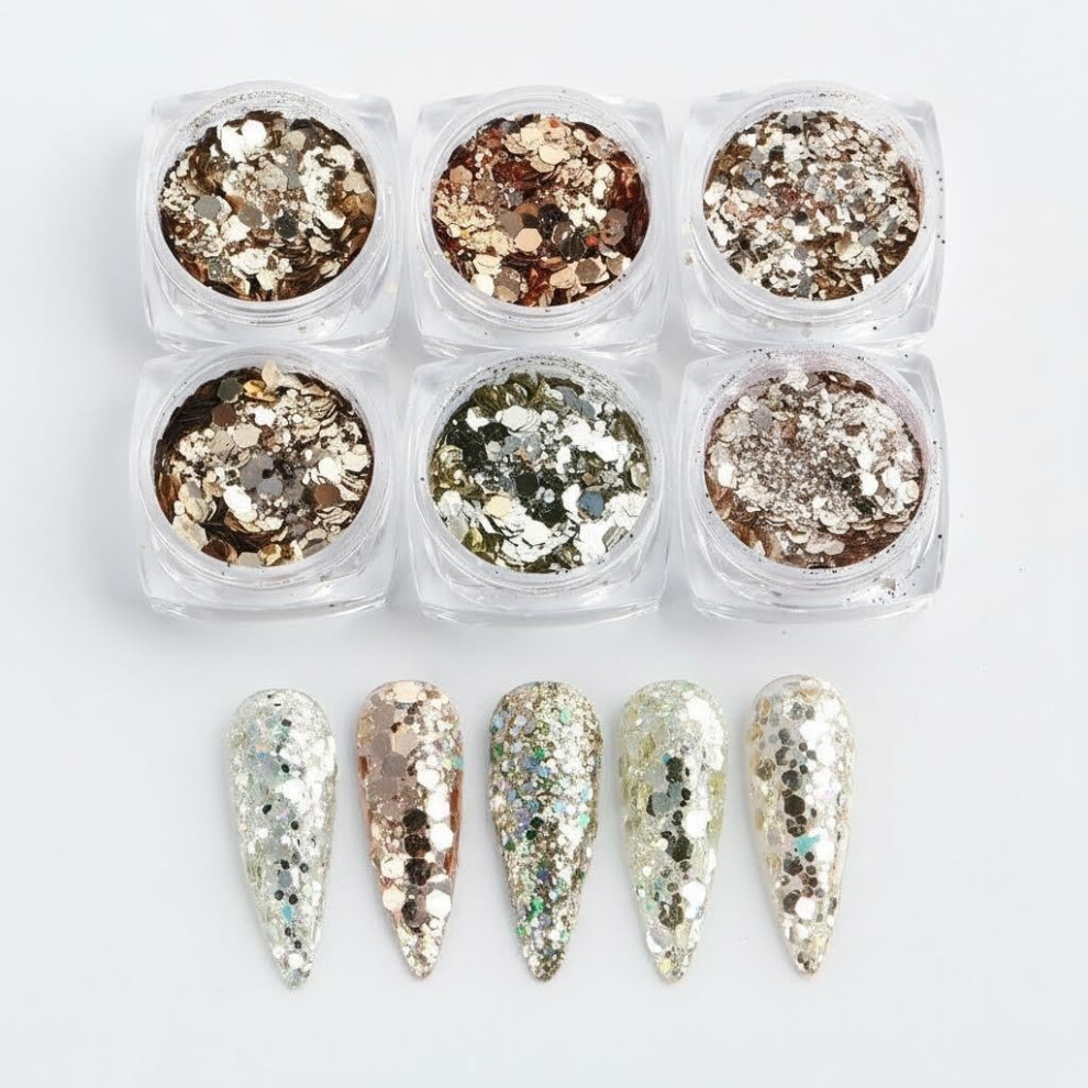 Oimg Light (02, -) Nail Glitter Set 6 Colours, Chunky Flakes & Rainbow Sequins, High Shine Reflective Powder For Art