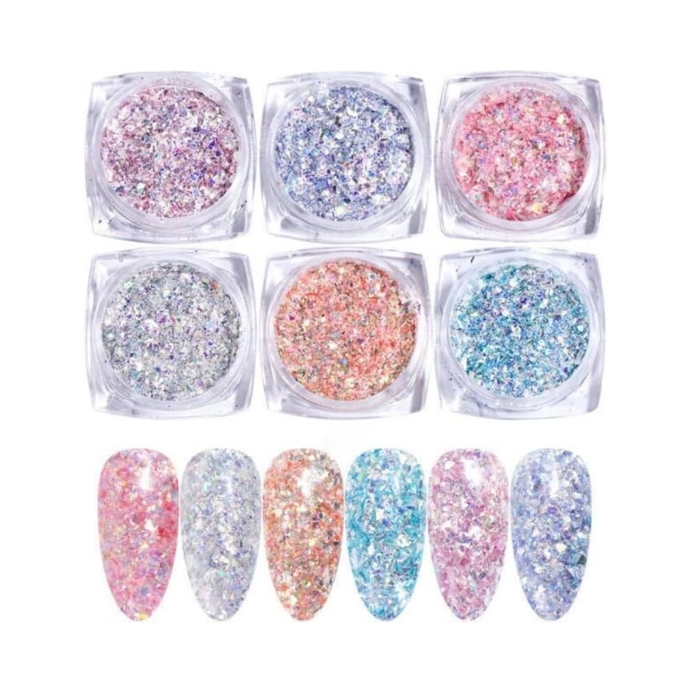 Oimg Light (08, -) Nail Glitter Set 6 Colours, Chunky Flakes & Rainbow Sequins, High Shine Reflective Powder For Art