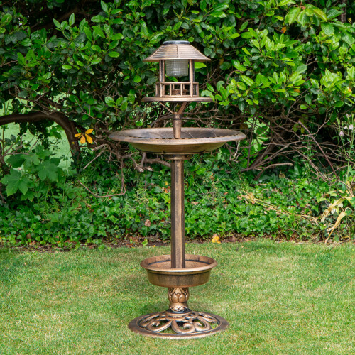 Samuel Alexander 1.1m Bronze Effect Resin Garden Bird Bath & Table with Solar Light
