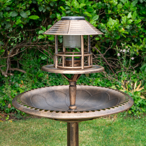 Samuel Alexander 1.1m Bronze Effect Resin Garden Bird Bath & Table with Solar Light 2