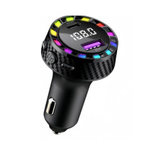 Carregador veicular circular com carregamento rápido visor digital luz colorida respiratória para telemóvel com cabo_M