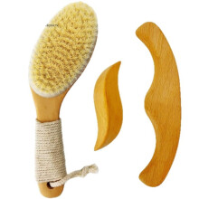 Trockenbürste für Den Körper Zur Lymphdrainage - Vegane Trockenbürste mit Ergonomisch Geformtem, Rutschfestem Griff + Massagezubehör Aus Holz