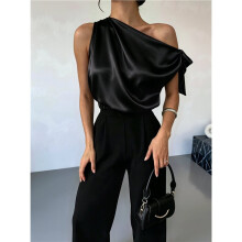 Women'S Off Shoulder Tops Casual Short Sleeve Asymmetrical Neck Satin Blouse Shirts Black M