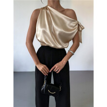 Women'S Off Shoulder Tops Casual Short Sleeve Asymmetrical Neck Satin Blouse Shirts Apricot Color S
